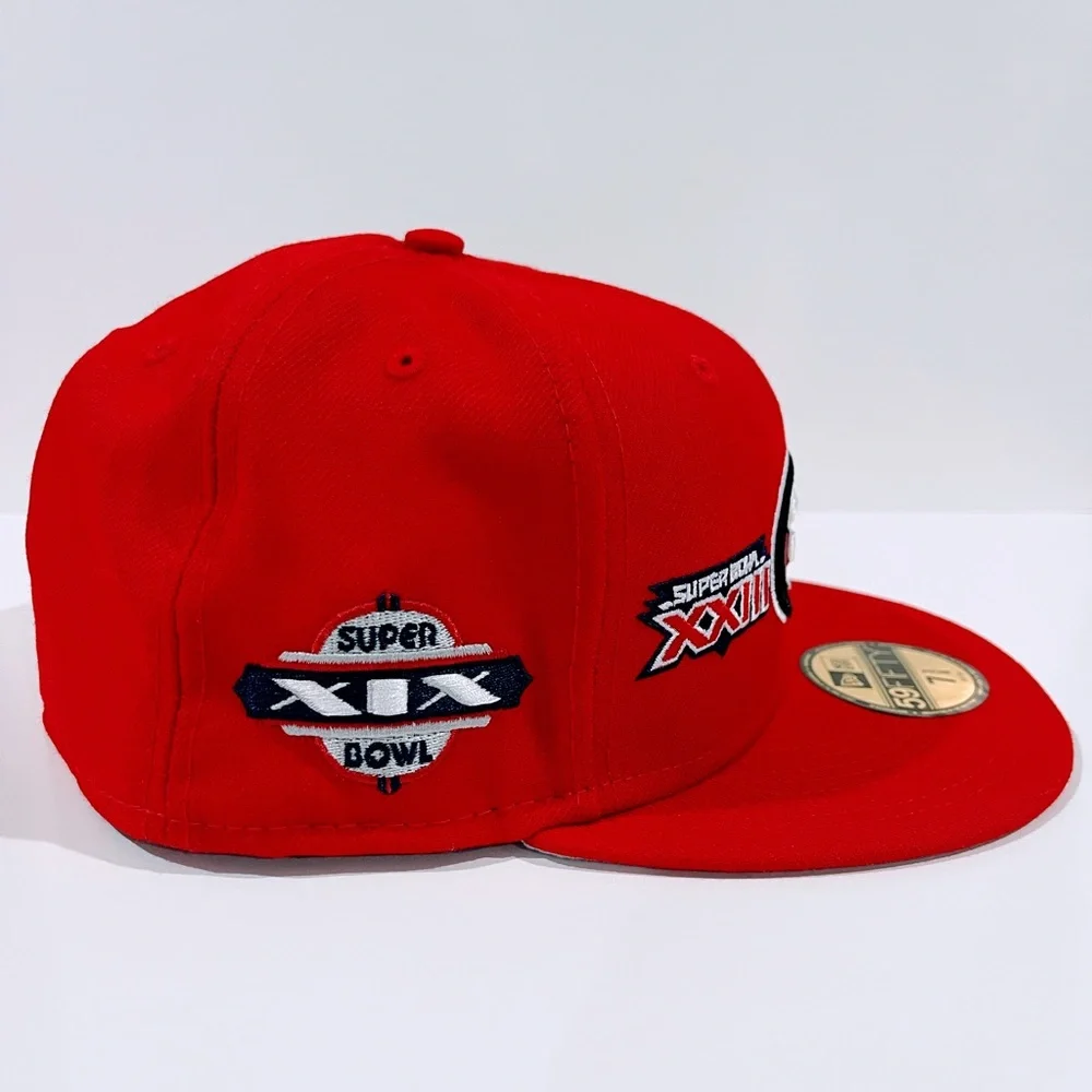 SF 49ERS RED Fitted Hat with Super Bowl Patches. Unisex - Picture 2 of 12